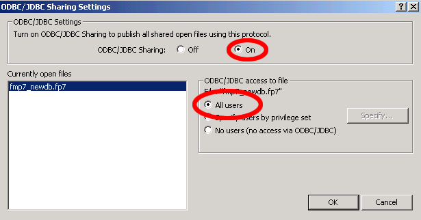 Figure 11 - Enabling FileMaker 7 ODBC/JDBC Sharing - Dialog